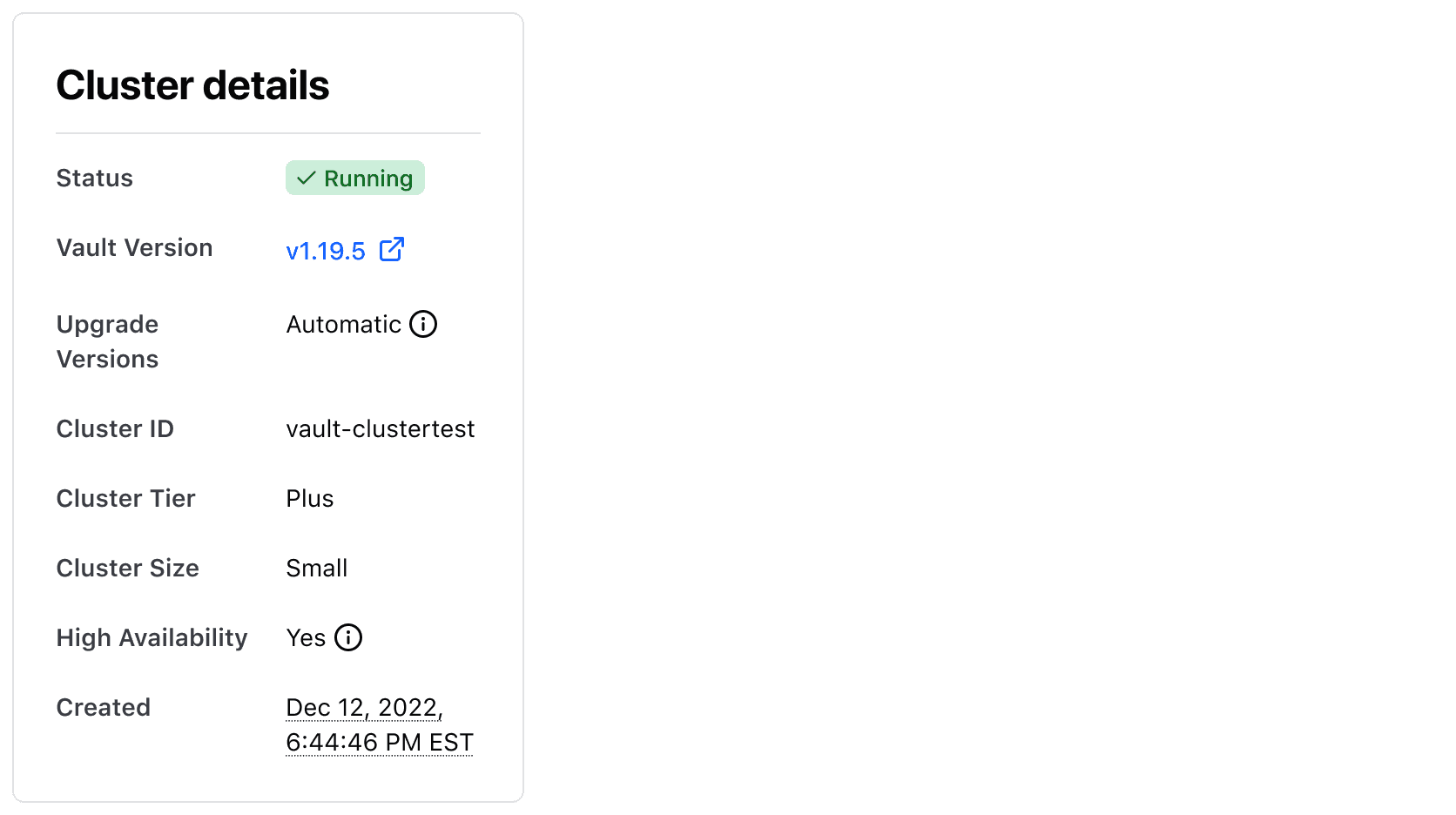 A card titled "Cluster details" with a description list below it. Each list item has its title and value's width at 50% of the cards space.
