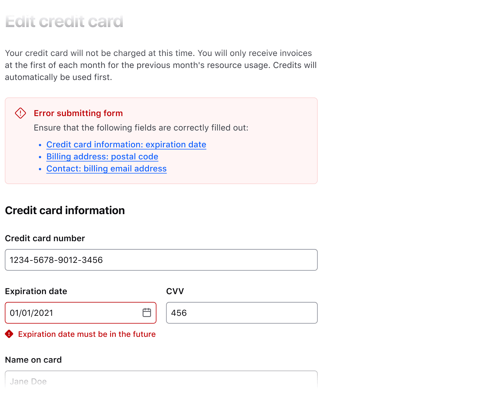 Form with multiple field-level errors and a form-level alert with jump links to each